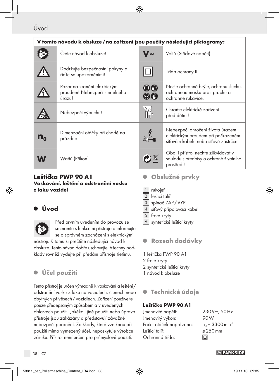 Úvod, Leštička pwp 90 a1, Účel použití | Obslužné prvky, Rozsah dodávky, Technické údaje | Parkside PWP 90 A1 User Manual | Page 40 / 62