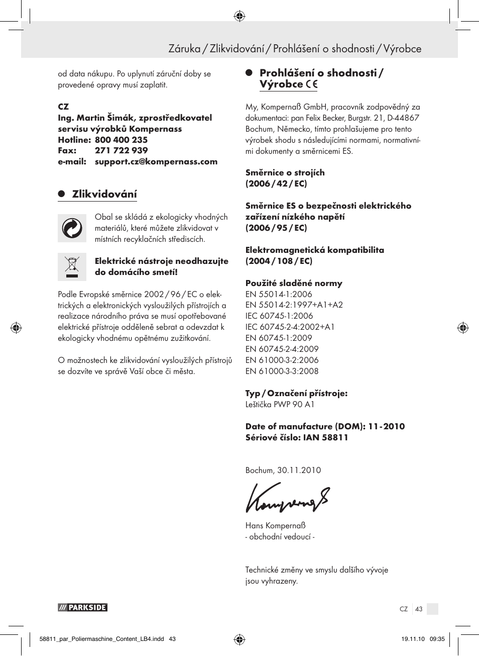 Zlikvidování, Prohlášení o shodnosti / výrobce | Parkside PWP 90 A1 User Manual | Page 45 / 62