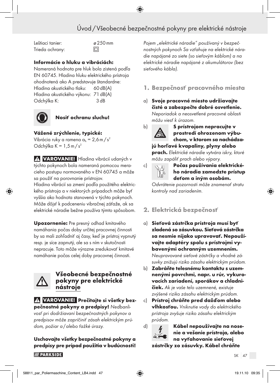 Bezpečnosť pracovného miesta, Elektrická bezpečnosť | Parkside PWP 90 A1 User Manual | Page 49 / 62