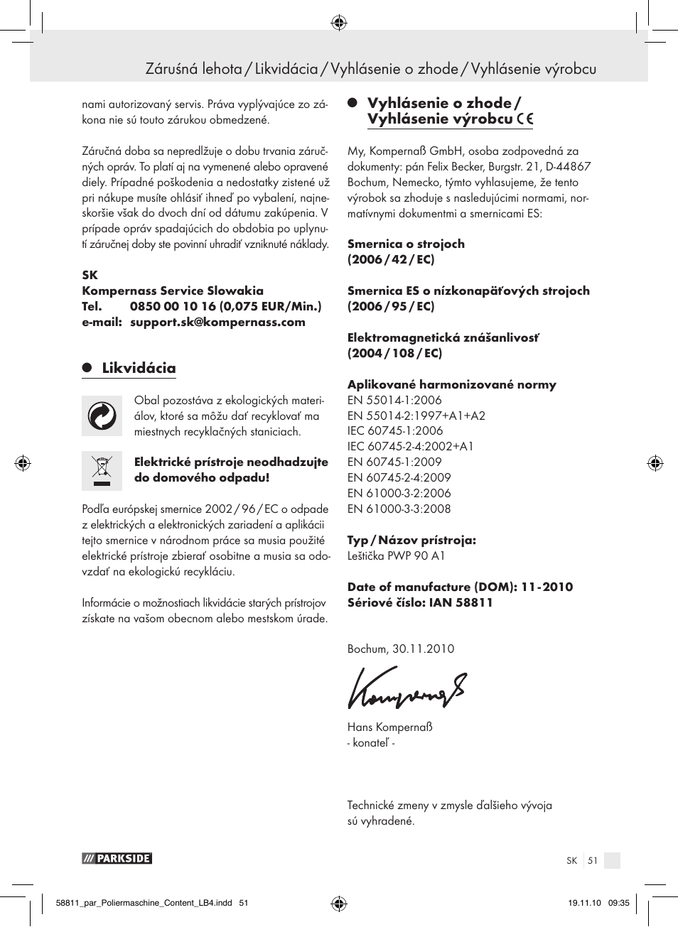 Likvidácia, Vyhlásenie o zhode / vyhlásenie výrobcu | Parkside PWP 90 A1 User Manual | Page 53 / 62