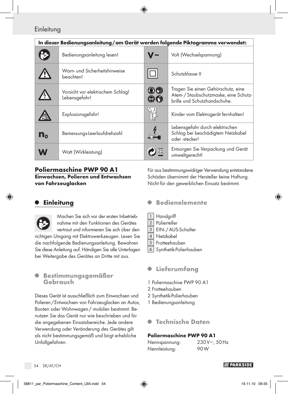 Einleitung, Poliermaschine pwp 90 a1, Bestimmungsgemäßer gebrauch | Bedienelemente, Lieferumfang, Technische daten | Parkside PWP 90 A1 User Manual | Page 56 / 62