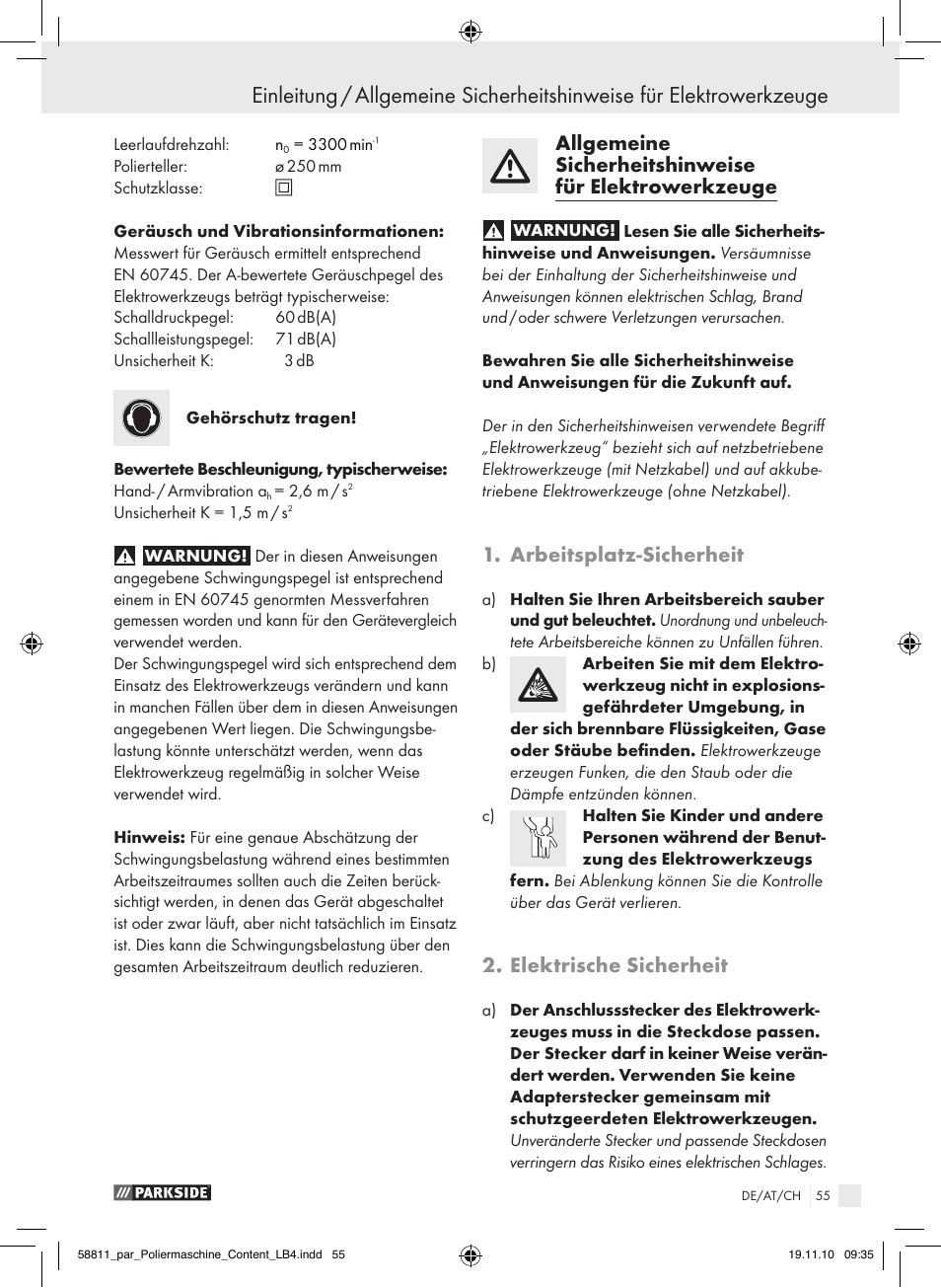 Arbeitsplatz-sicherheit, Elektrische sicherheit | Parkside PWP 90 A1 User Manual | Page 57 / 62