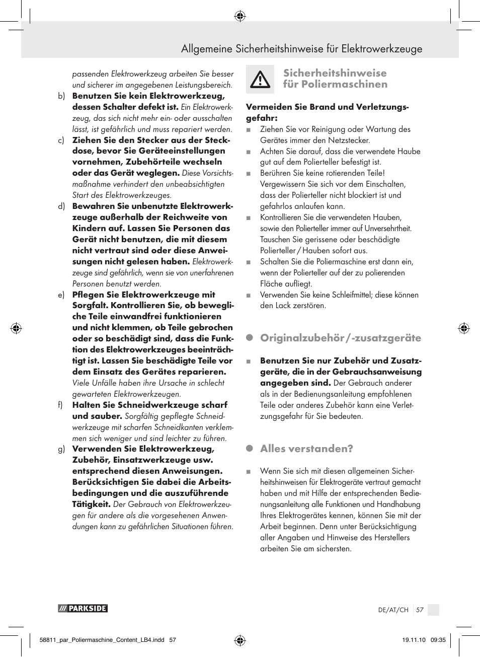 Sicherheitshinweise für poliermaschinen, Originalzubehör / -zusatzgeräte, Alles verstanden | Parkside PWP 90 A1 User Manual | Page 59 / 62