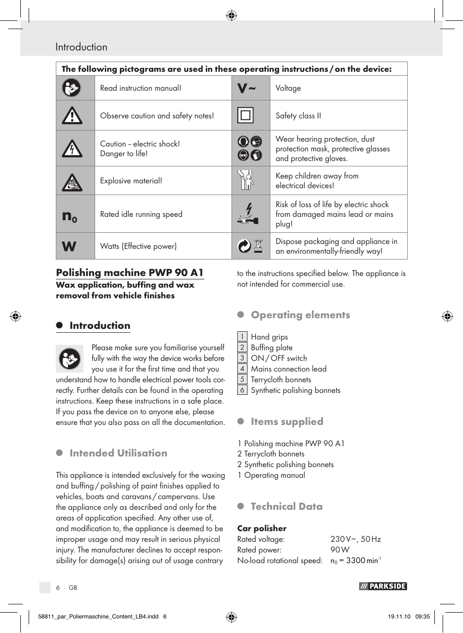 Introduction, Polishing machine pwp 90 a1, Intended utilisation | Operating elements, Items supplied, Technical data | Parkside PWP 90 A1 User Manual | Page 8 / 62