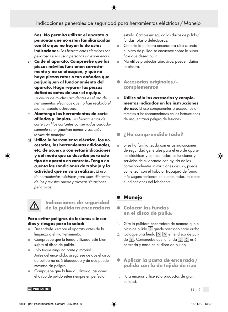 Accesorios originales / ­ complementos, Ha comprendido todo, Manejo | Colocar las fundas en el disco de puli | Parkside PWP 90 A1 User Manual | Page 11 / 46