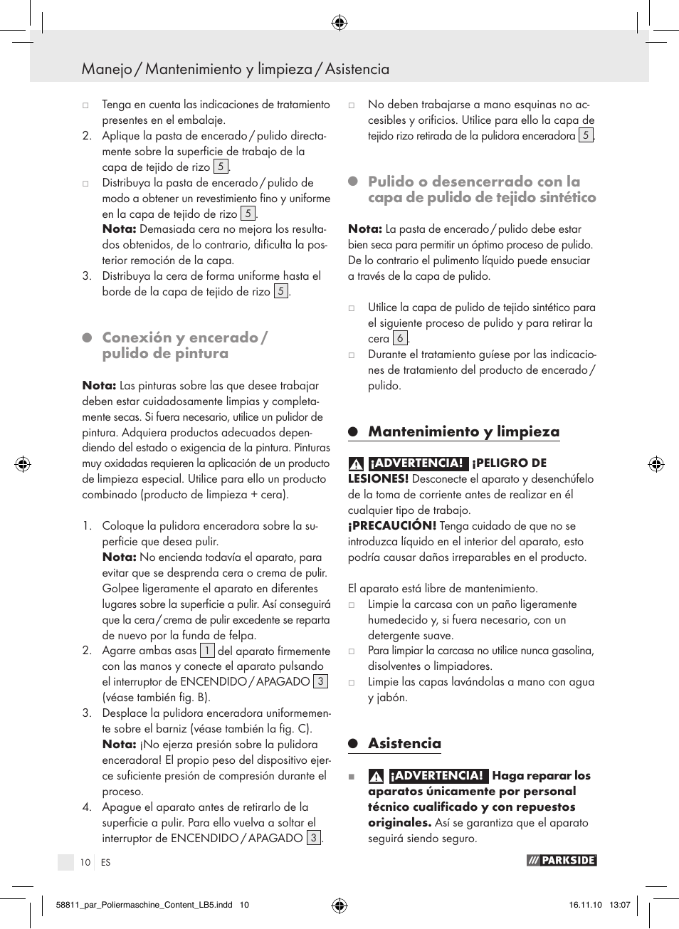 Manejo / mantenimiento y limpieza / asistencia, Conexión y encerado / pulido de pintura, Mantenimiento y limpieza | Asistencia | Parkside PWP 90 A1 User Manual | Page 12 / 46