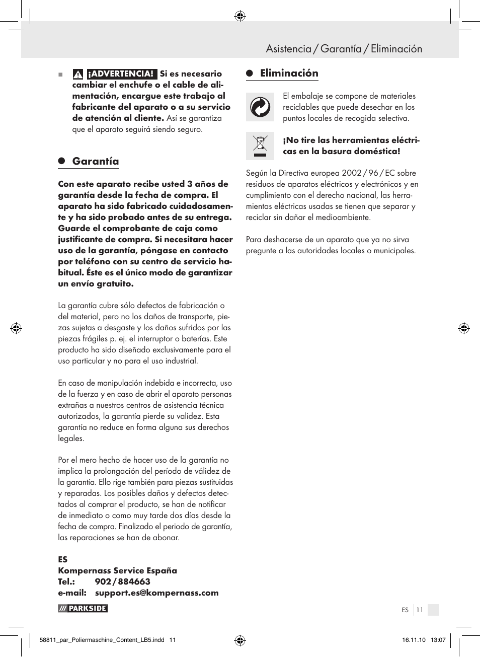 Asistencia / garantía / eliminación, Garantía, Eliminación | Parkside PWP 90 A1 User Manual | Page 13 / 46