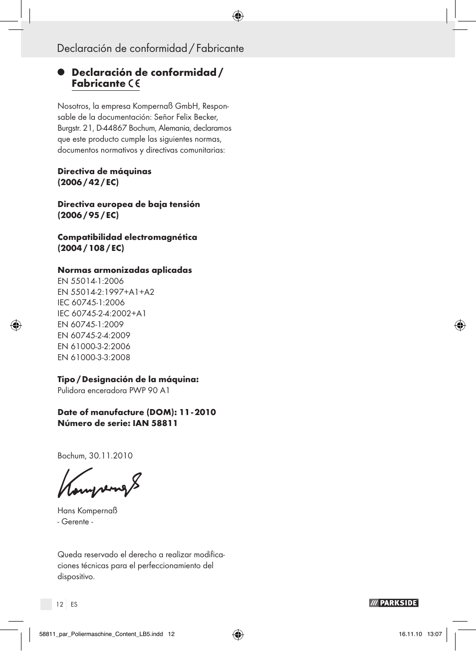 Declaración de conformidad / fabricante | Parkside PWP 90 A1 User Manual | Page 14 / 46