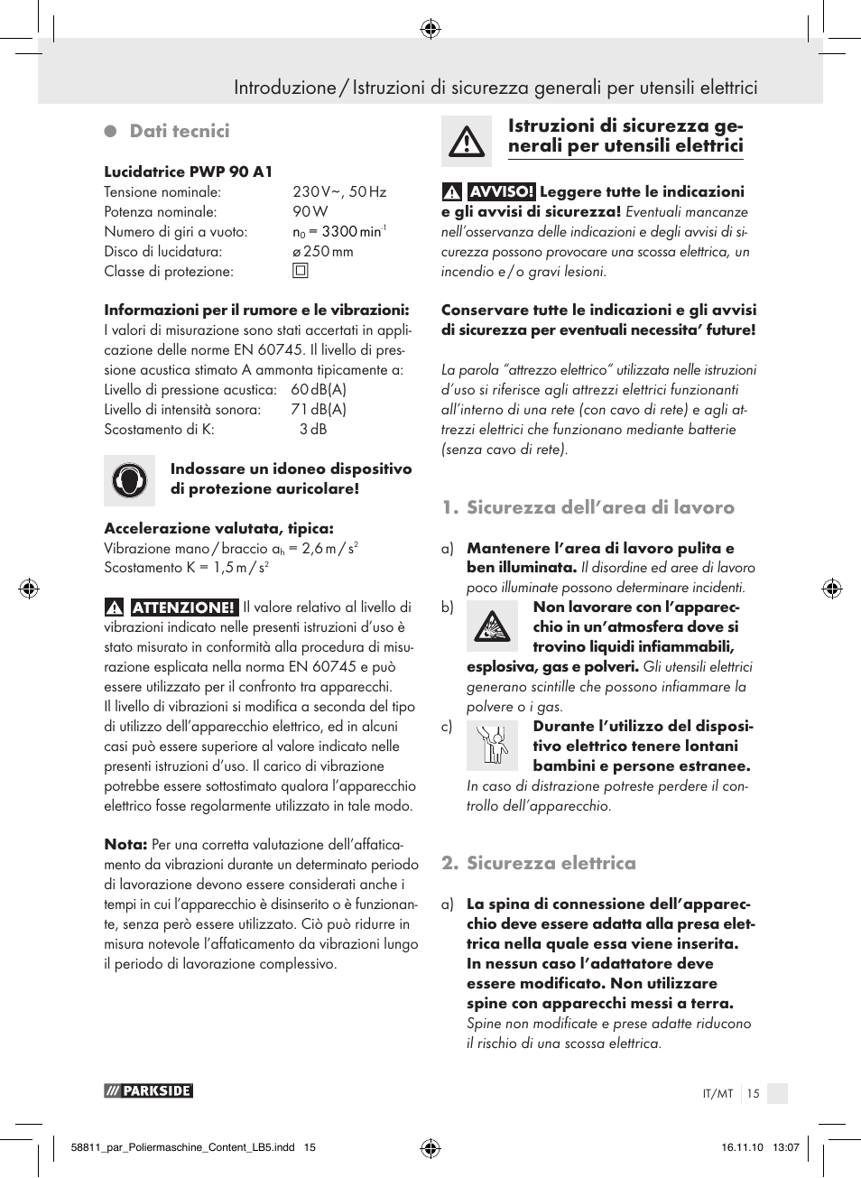 Dati tecnici, Sicurezza dell’area di lavoro, Sicurezza elettrica | Parkside PWP 90 A1 User Manual | Page 17 / 46