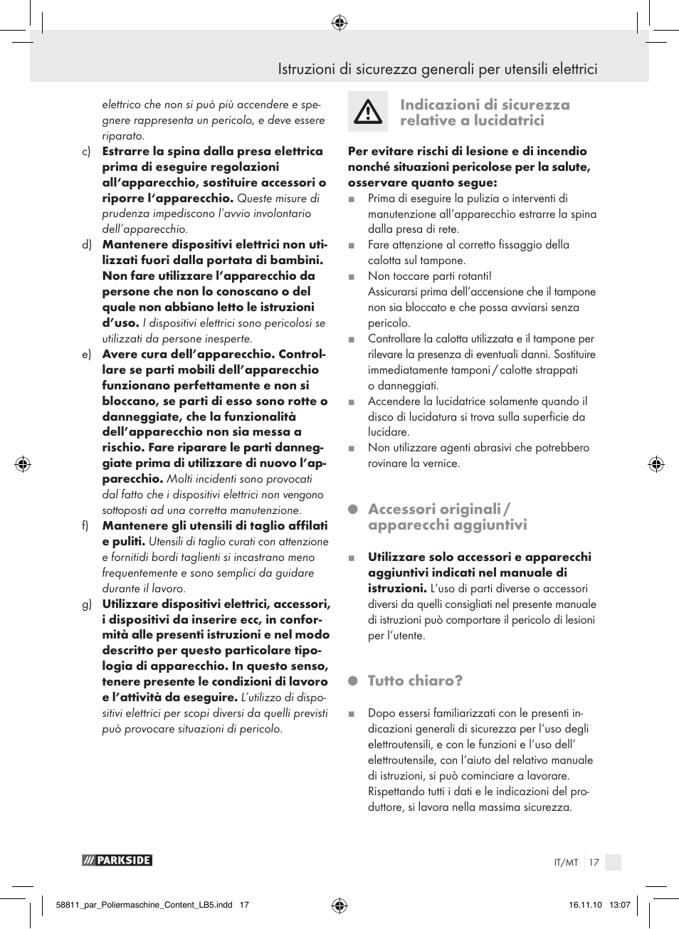 Indicazioni di sicurezza relative a lucidatrici, Accessori originali / apparecchi aggiuntivi, Tutto chiaro | Parkside PWP 90 A1 User Manual | Page 19 / 46