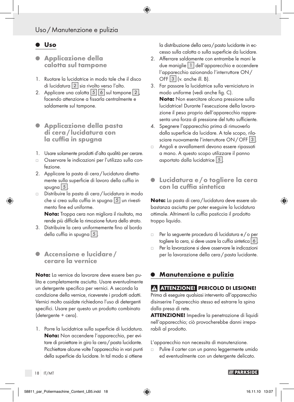 Uso / manutenzione e pulizia, Applicazione della calotta sul tampone, Accensione e lucidare / cerare la vernice | Manutenzione e pulizia | Parkside PWP 90 A1 User Manual | Page 20 / 46