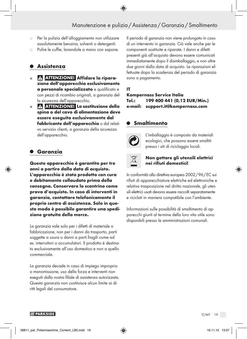 Assistenza, Garanzia, Smaltimento | Parkside PWP 90 A1 User Manual | Page 21 / 46