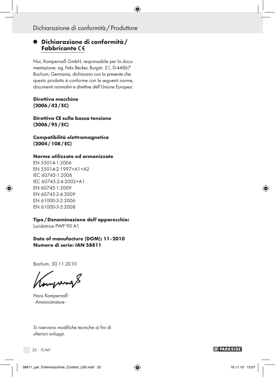 Dichiarazione di conformità / produttore, Dichiarazione di conformità / fabbricante | Parkside PWP 90 A1 User Manual | Page 22 / 46