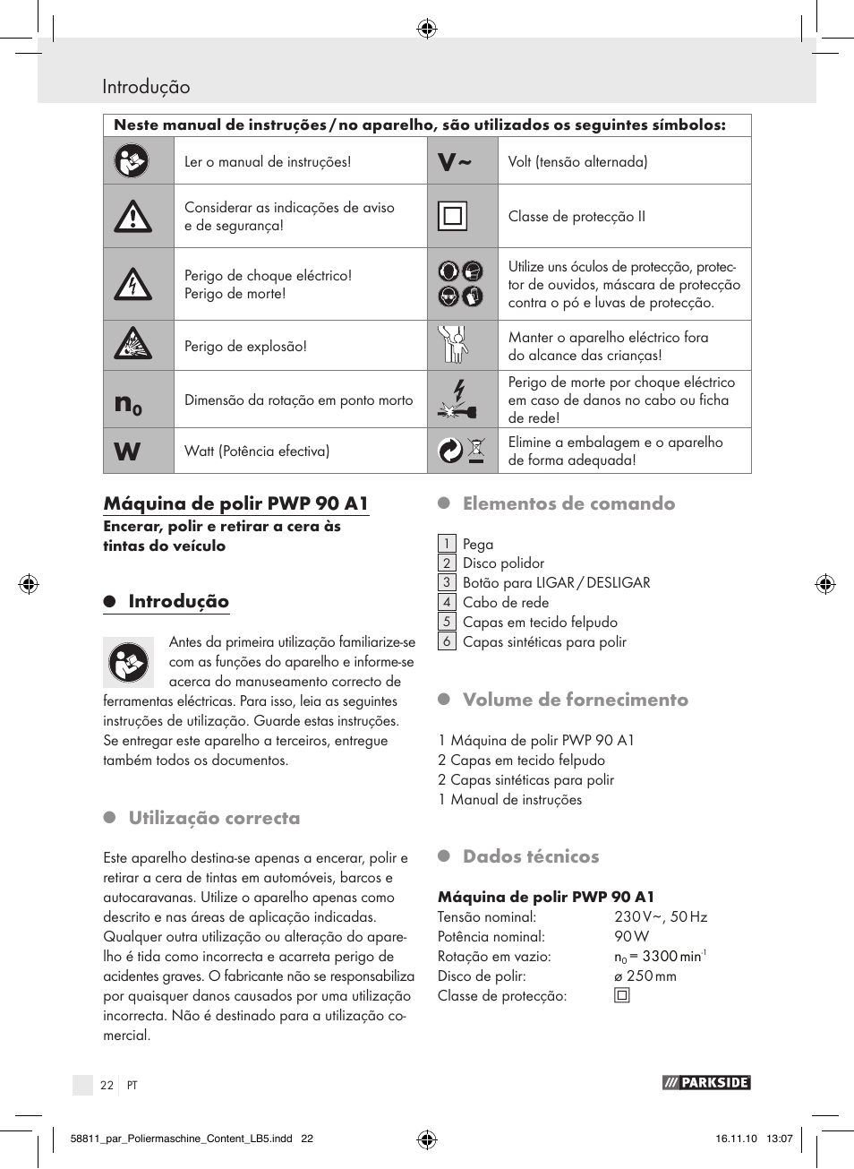 Introdução, Máquina de polir pwp 90 a1, Utilização correcta | Elementos de comando, Volume de fornecimento, Dados técnicos | Parkside PWP 90 A1 User Manual | Page 24 / 46