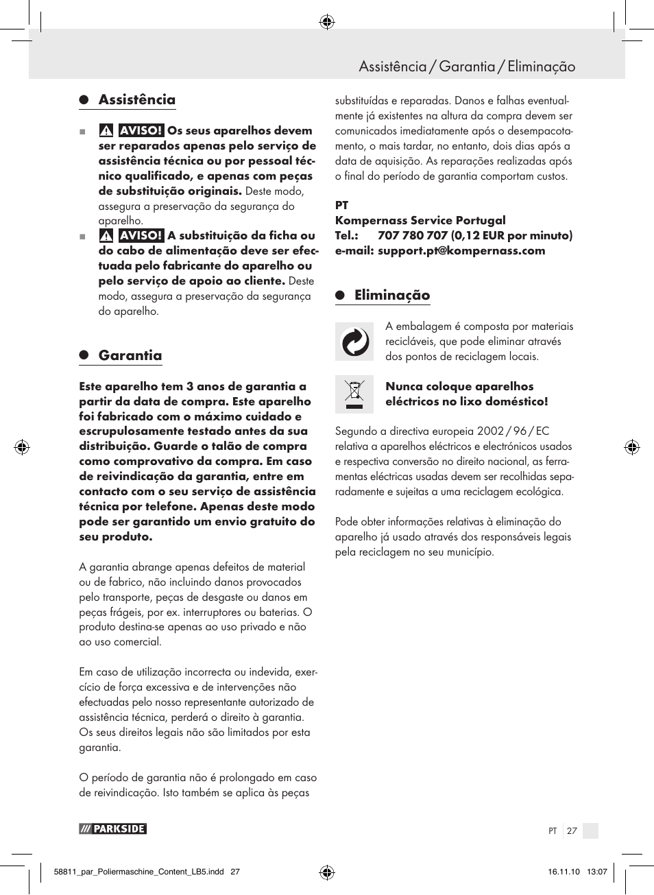 Assistência / garantia / eliminação, Assistência, Garantia | Eliminação | Parkside PWP 90 A1 User Manual | Page 29 / 46