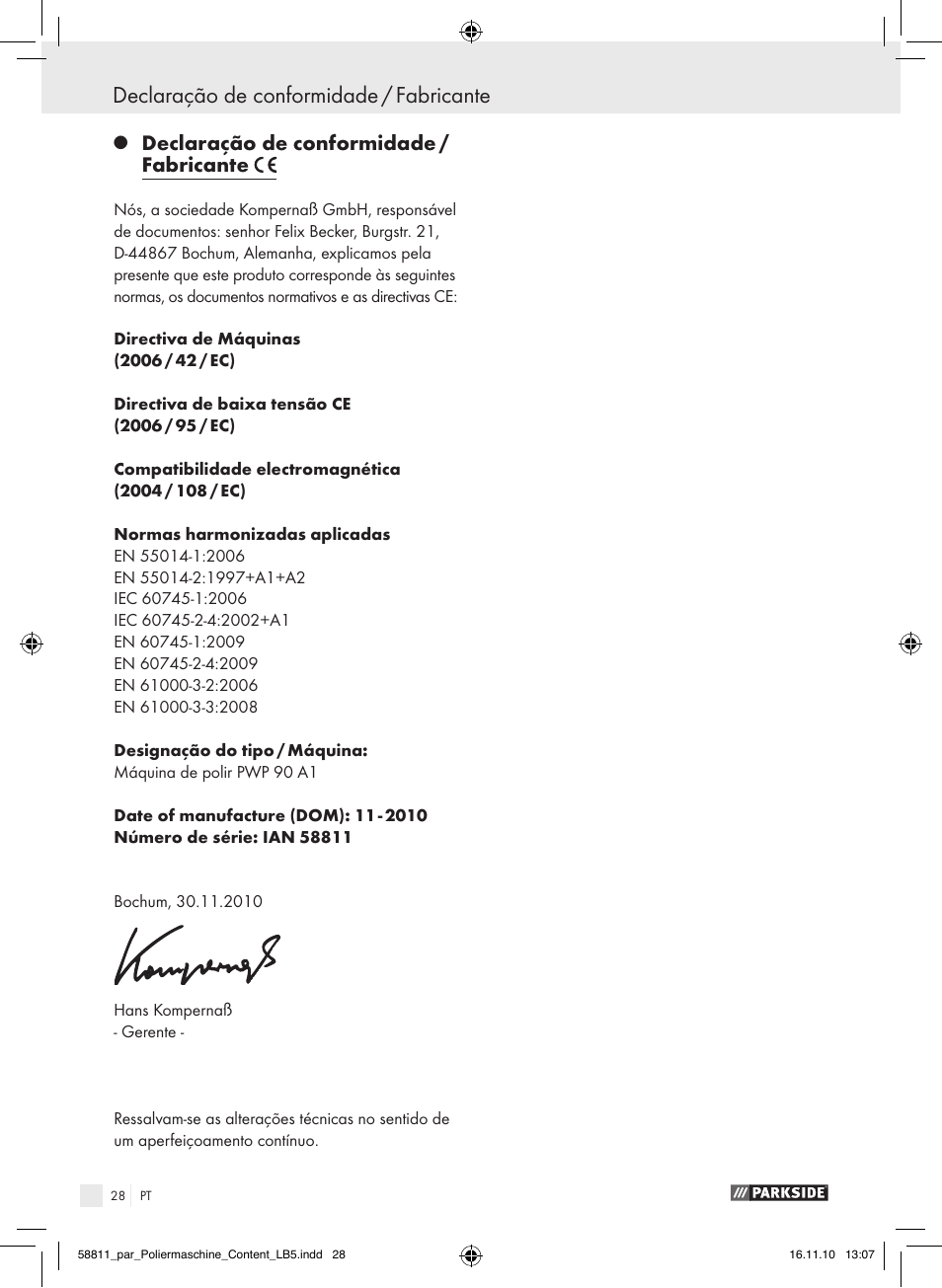 Declaração de conformidade / fabricante | Parkside PWP 90 A1 User Manual | Page 30 / 46