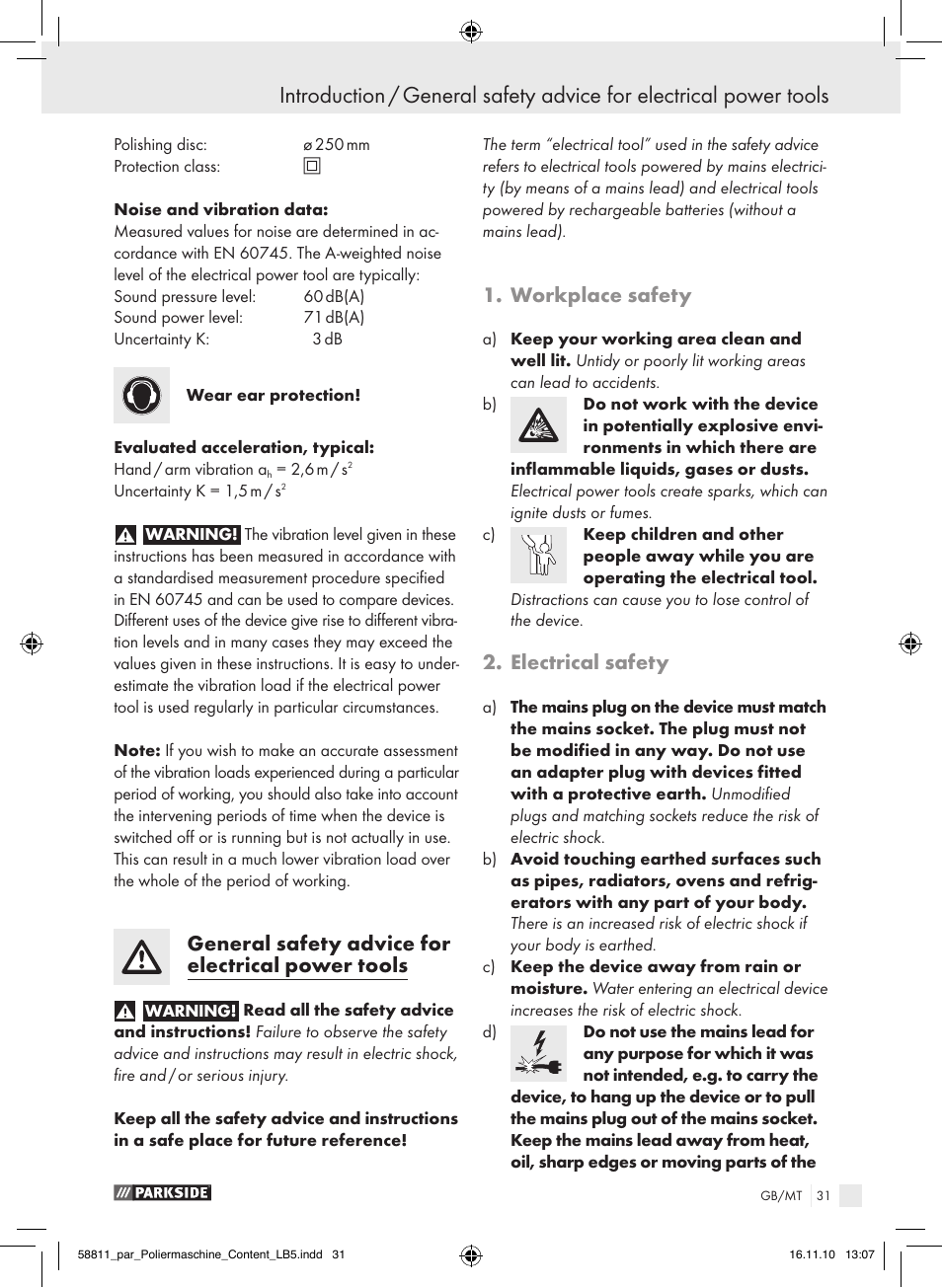 General safety advice for electrical power tools, Workplace safety, Electrical safety | Parkside PWP 90 A1 User Manual | Page 33 / 46