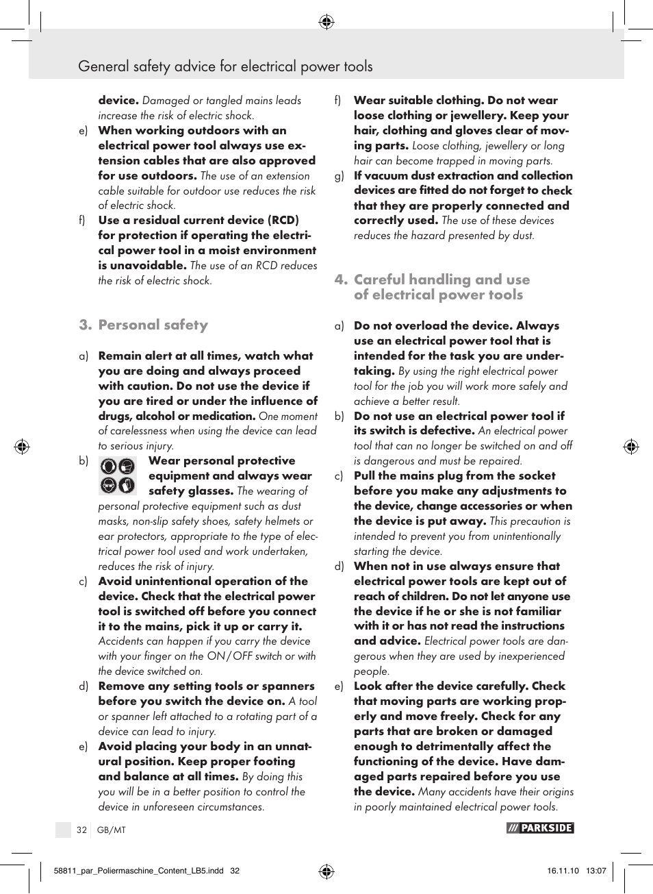 General safety advice for electrical power tools, Personal safety, Careful handling and use of electrical power tools | Parkside PWP 90 A1 User Manual | Page 34 / 46