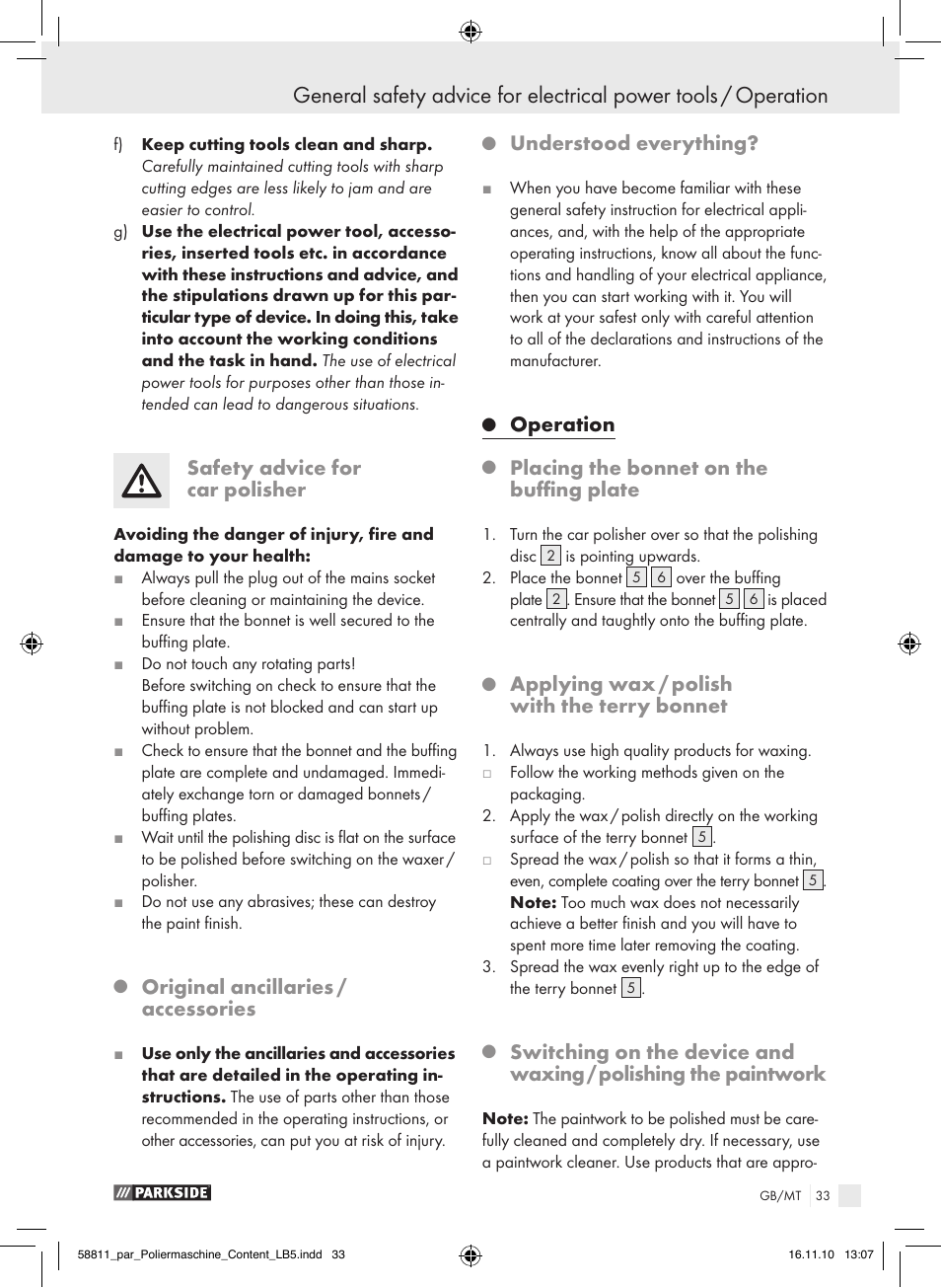 Safety advice for car polisher, Original ancillaries / accessories, Understood everything | Operation, Placing the bonnet on the buffing plate, Applying wax / polish with the terry bonnet | Parkside PWP 90 A1 User Manual | Page 35 / 46