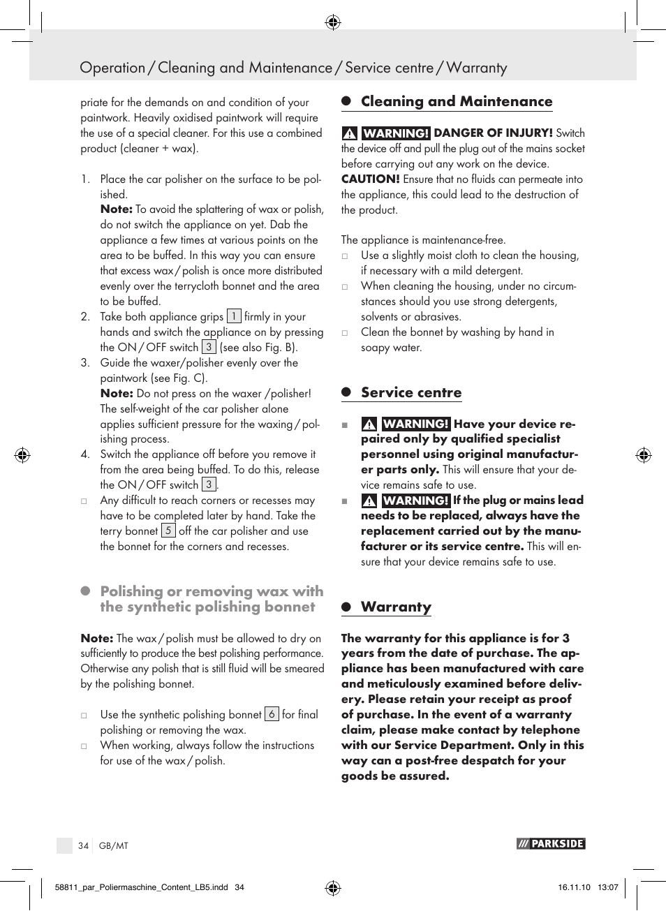 Cleaning and maintenance, Service centre, Warranty | Parkside PWP 90 A1 User Manual | Page 36 / 46