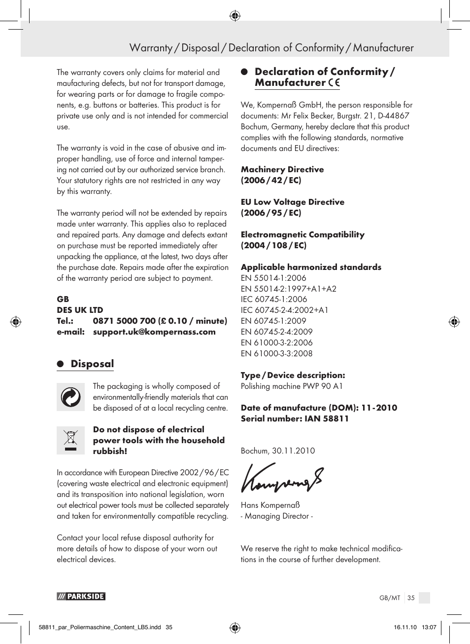 Disposal, Declaration of conformity / manufacturer | Parkside PWP 90 A1 User Manual | Page 37 / 46