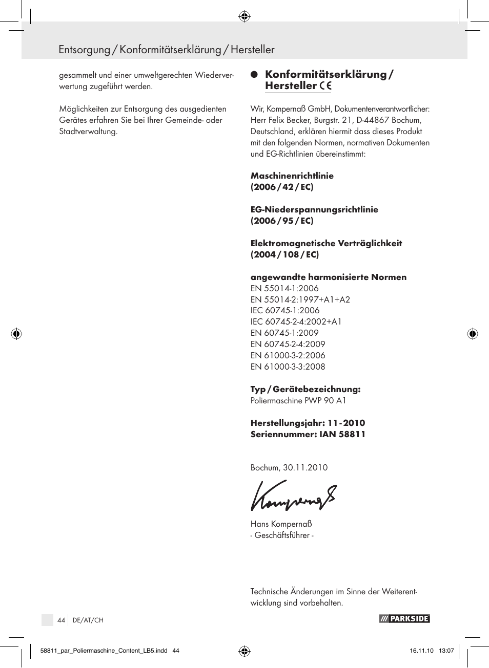 Entsorgung / konformitätserklärung / hersteller, Konformitätserklärung / hersteller | Parkside PWP 90 A1 User Manual | Page 46 / 46