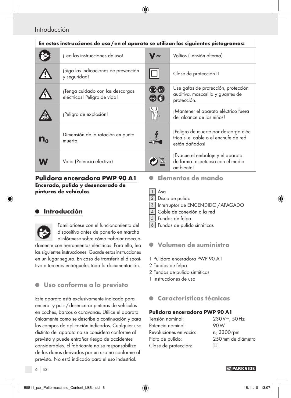 Pulidora enceradora pwp 90 a1, Introducción, Uso conforme a lo previsto | Elementos de mando, Volumen de suministro, Características técnicas | Parkside PWP 90 A1 User Manual | Page 8 / 46