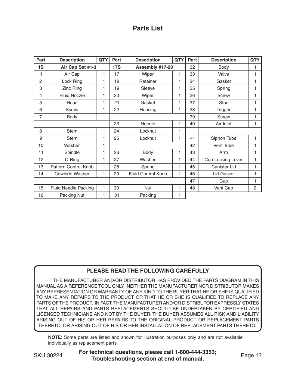 Parts list | Harbor Freight Tools PAINT SPRAY GUN 30224 User Manual | Page 12 / 16