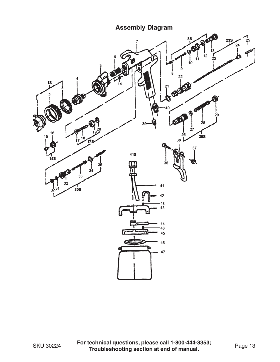 Assembly diagram | Harbor Freight Tools PAINT SPRAY GUN 30224 User Manual | Page 13 / 16