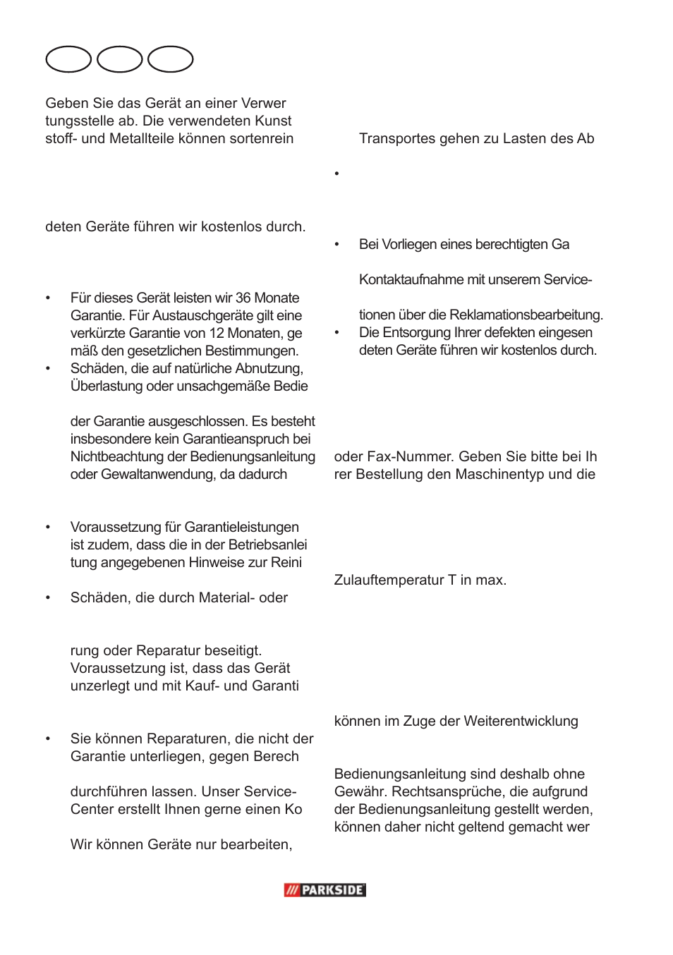 Garantie, Ersatzteile, Technische daten | Ch at de | Parkside PPC 30 A1 User Manual | Page 24 / 30