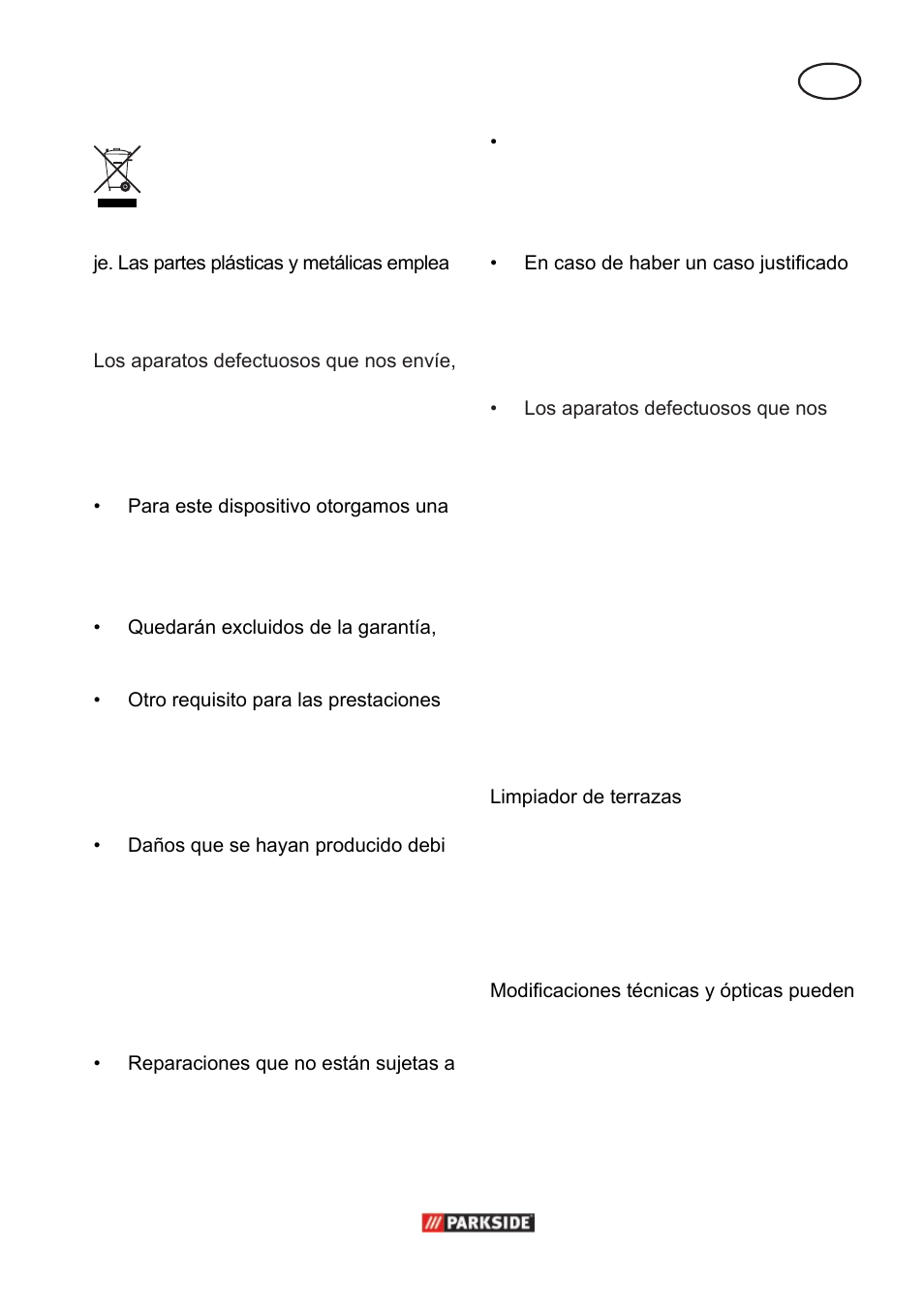 Indicaciones de servicio y de garantía, Pedido de piezas de repuesto, Datos técnicos | Parkside PPC 30 A1 User Manual | Page 7 / 30