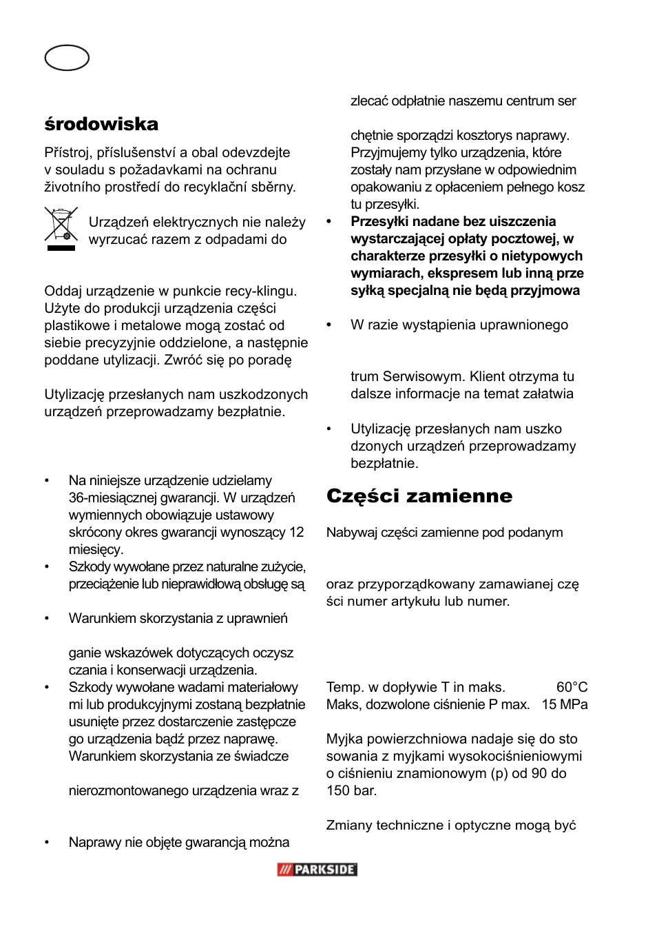 Pl usuwanie i ochrona środowiska, Gwarancja, Części zamienne | Dane techniczne | Parkside PPC 30 A1 User Manual | Page 12 / 42