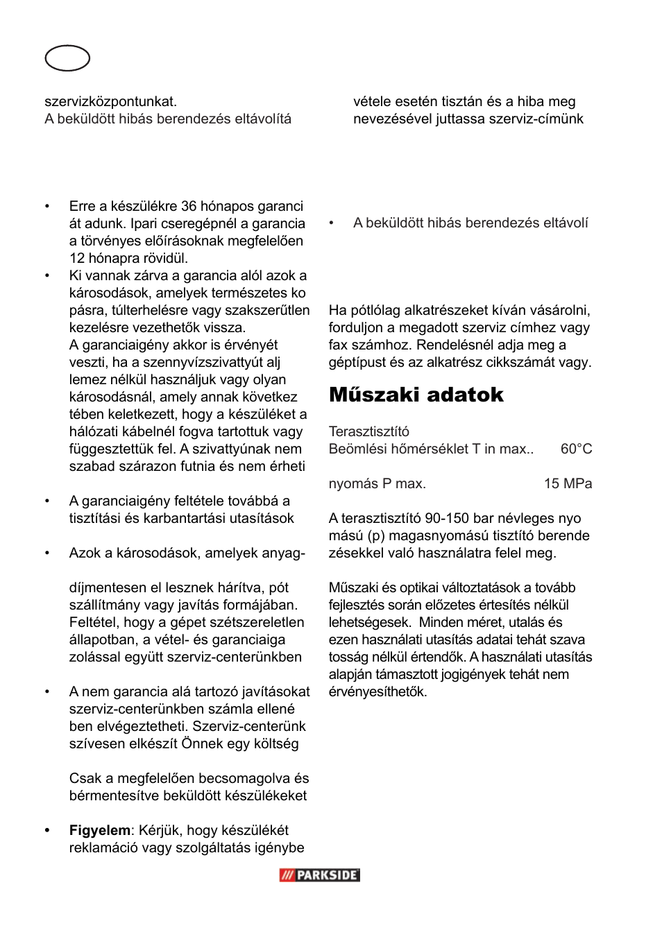 Garancia, Alkatrészek, Műszaki adatok | Parkside PPC 30 A1 User Manual | Page 18 / 42