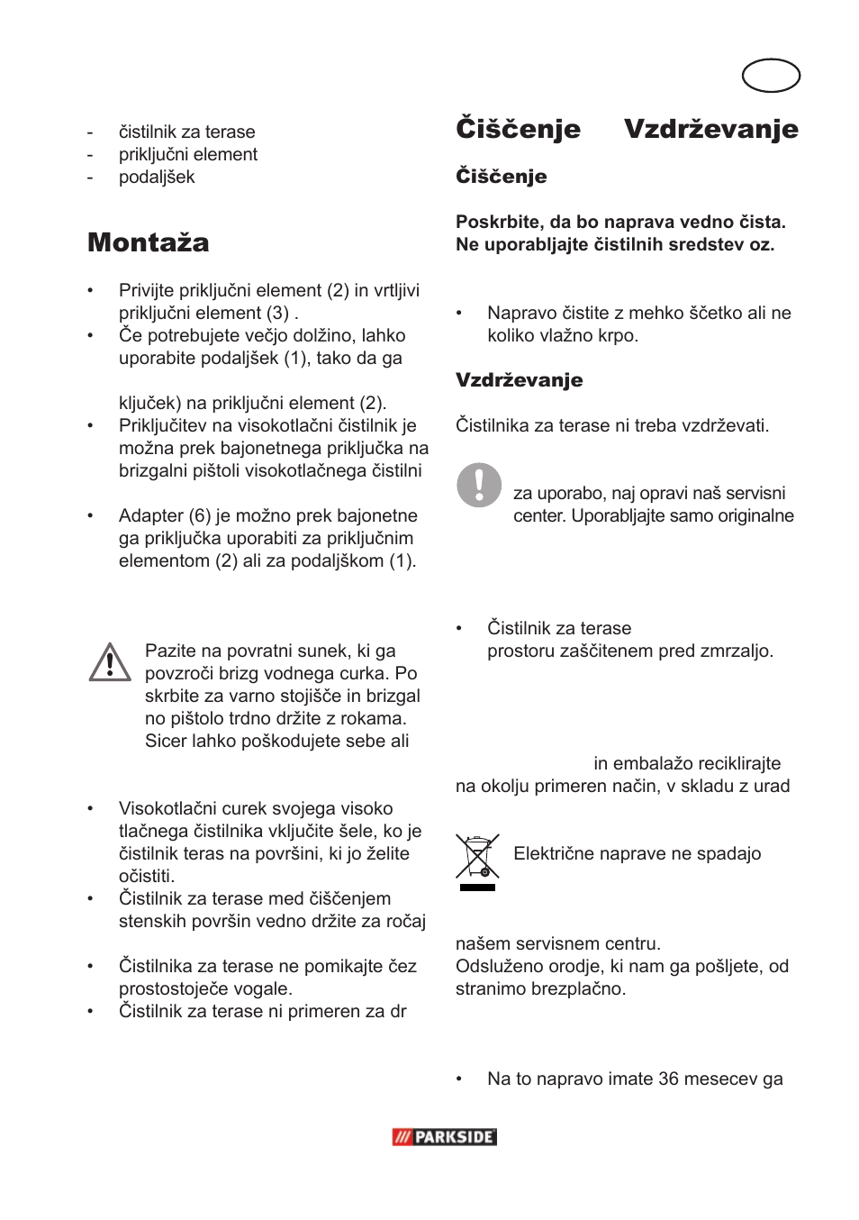 Montaža, Zagon, Čiščenje in vzdrževanje | Odstranjevanje/ varstvo okolja, Garancija, Shranjevanje | Parkside PPC 30 A1 User Manual | Page 21 / 42