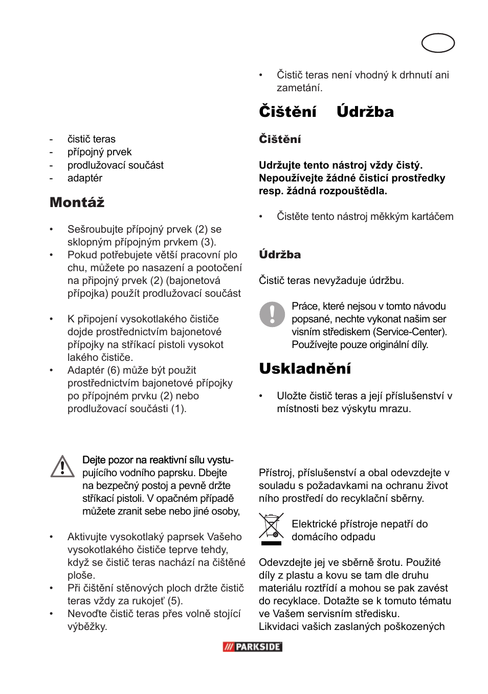 Uvedení do provozu, Čištění a údržba, Uskladnění | Odklízení a ochrana okolí, Montáž | Parkside PPC 30 A1 User Manual | Page 27 / 42