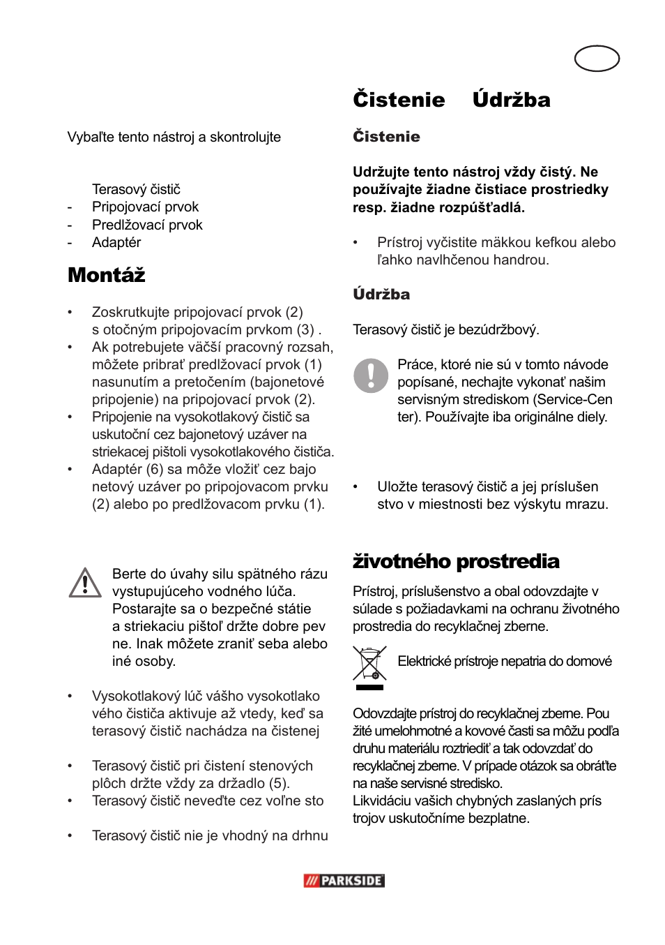 Montáž, Uvedenie do prevádzky, Čistenie a údržba | Uskladnenie, Odstránenie a ochrana životného prostredia | Parkside PPC 30 A1 User Manual | Page 31 / 42