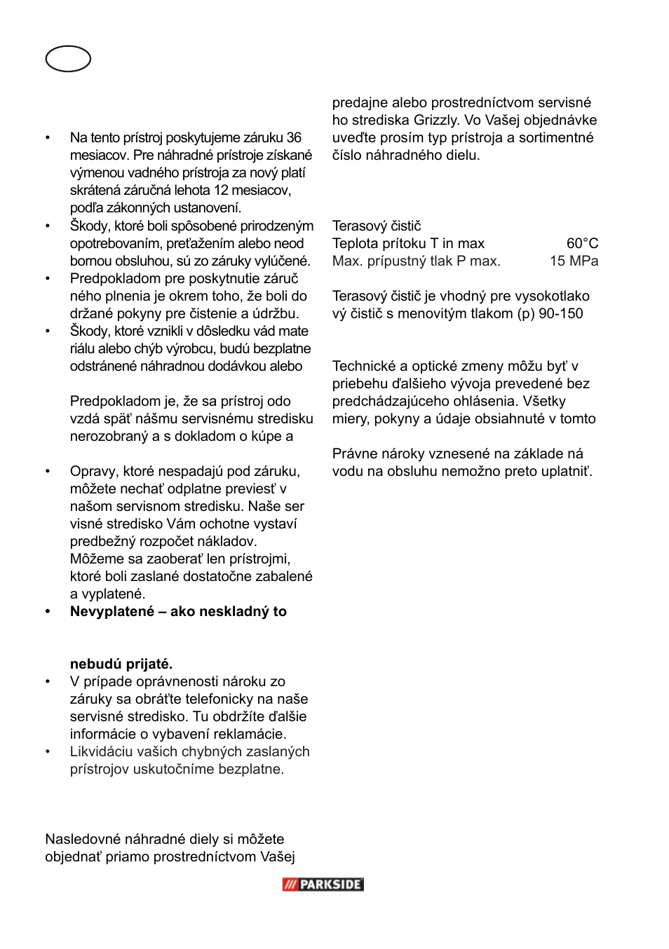 Záruka, Náhradné diely, Technické údaje | Parkside PPC 30 A1 User Manual | Page 32 / 42