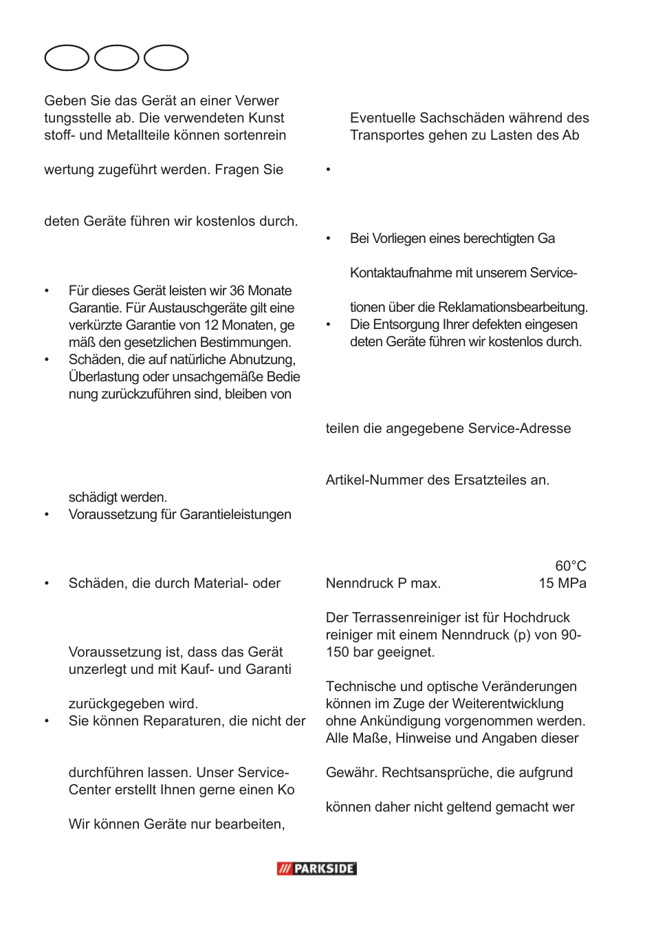 Garantie, Ersatzteile, Technische daten | Ch at de | Parkside PPC 30 A1 User Manual | Page 36 / 42