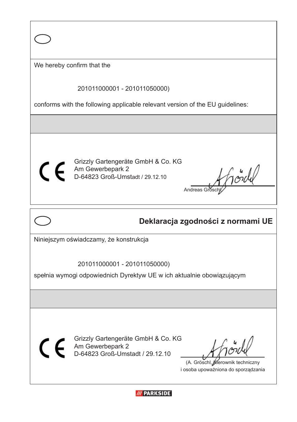 Ce declaration of conformity, Deklaracja zgodności z normami ue | Parkside PPC 30 A1 User Manual | Page 37 / 42