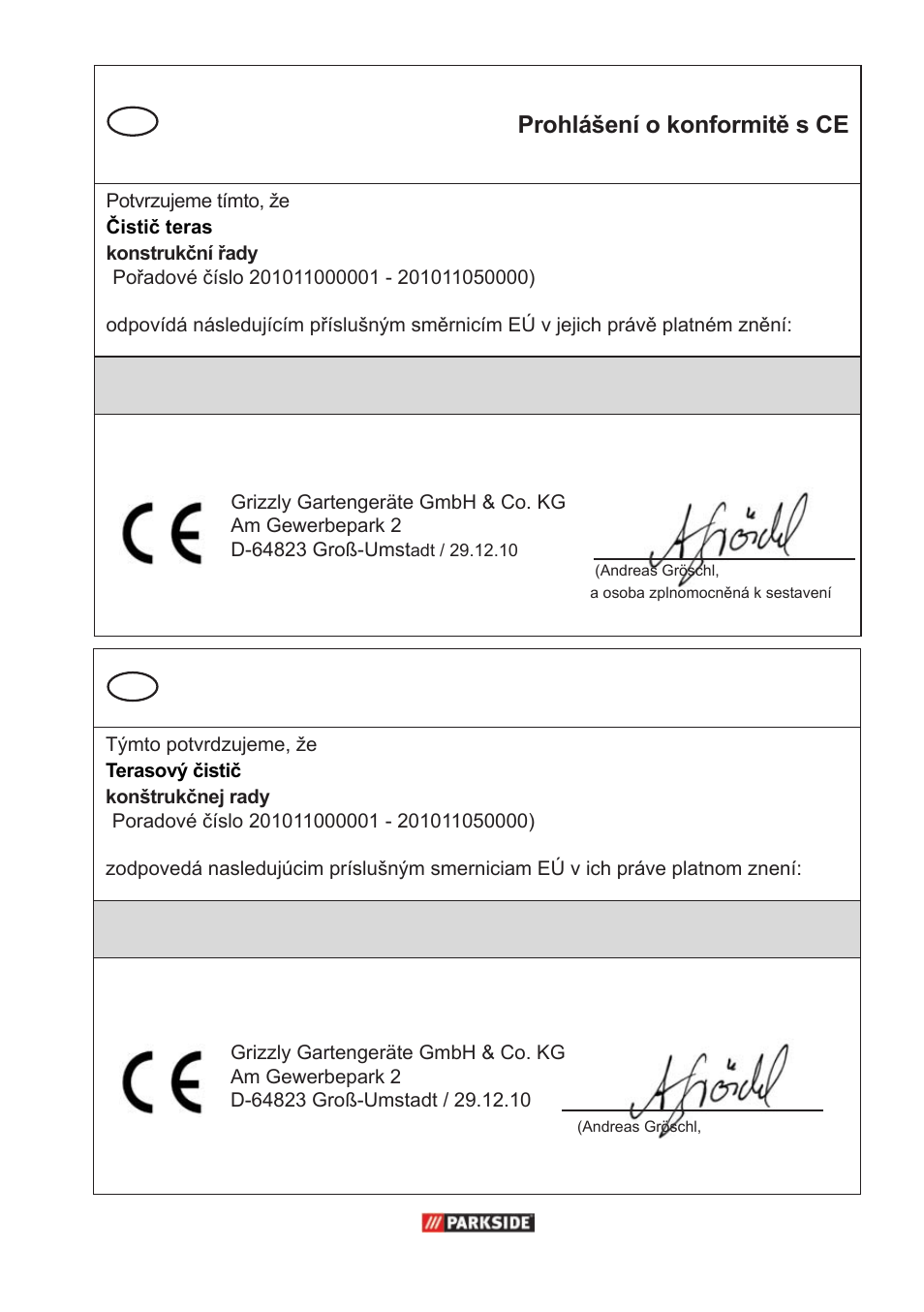 Prohlášení o konformitě s ce, Es-vyhlásenie o zhode | Parkside PPC 30 A1 User Manual | Page 39 / 42