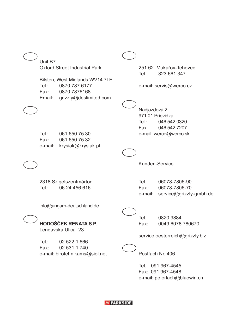 Grizzly service-center, Eg-konformitätserklärung, Gb pl hu si de at ch cz sk | Parkside PPC 30 A1 User Manual | Page 41 / 42