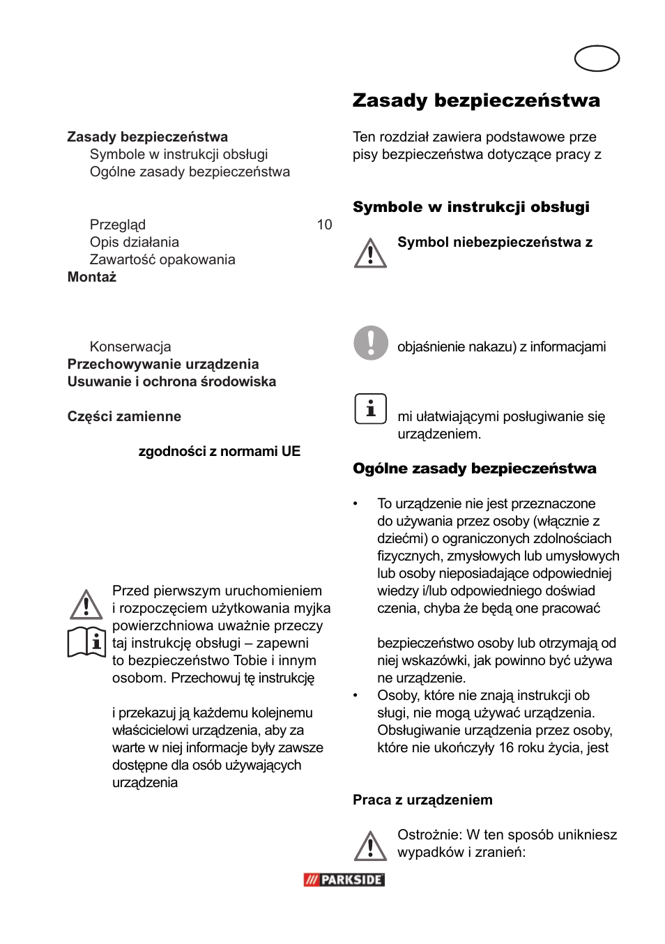 Spis treœci, Pl zasady bezpieczeństwa | Parkside PPC 30 A1 User Manual | Page 9 / 42