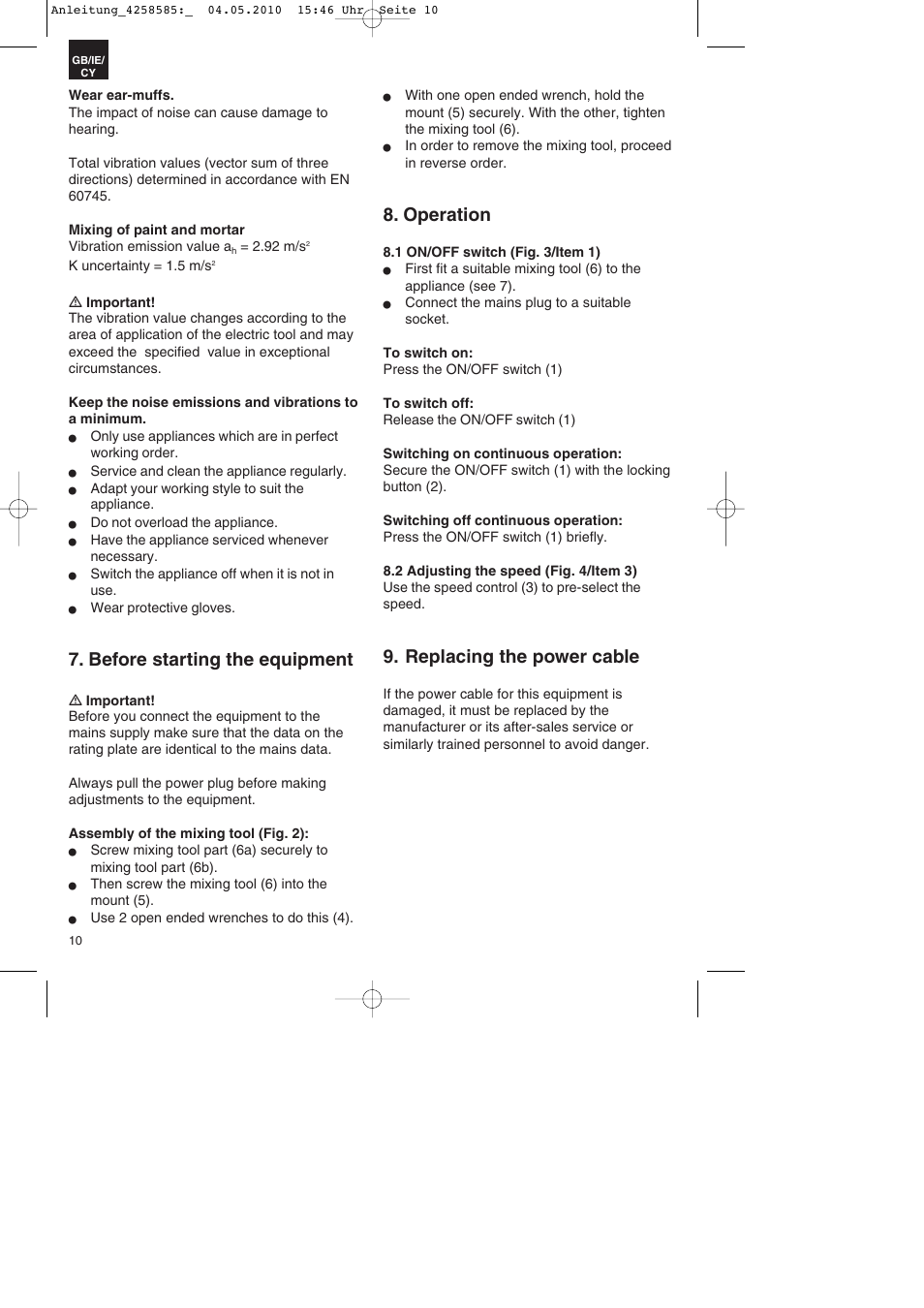 Before starting the equipment, Operation, Replacing the power cable | Parkside BMR 1400 User Manual | Page 10 / 16