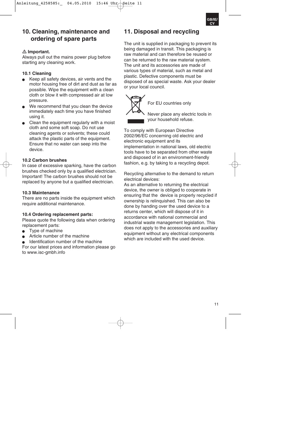 Cleaning, maintenance and ordering of spare parts, Disposal and recycling | Parkside BMR 1400 User Manual | Page 11 / 16