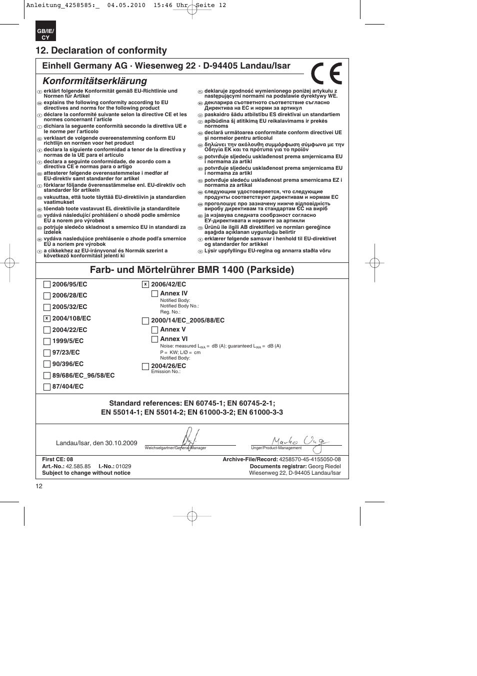 Declaration of conformity, Konformitätserklärung, Farb- und mörtelrührer bmr 1400 (parkside) | Parkside BMR 1400 User Manual | Page 12 / 16