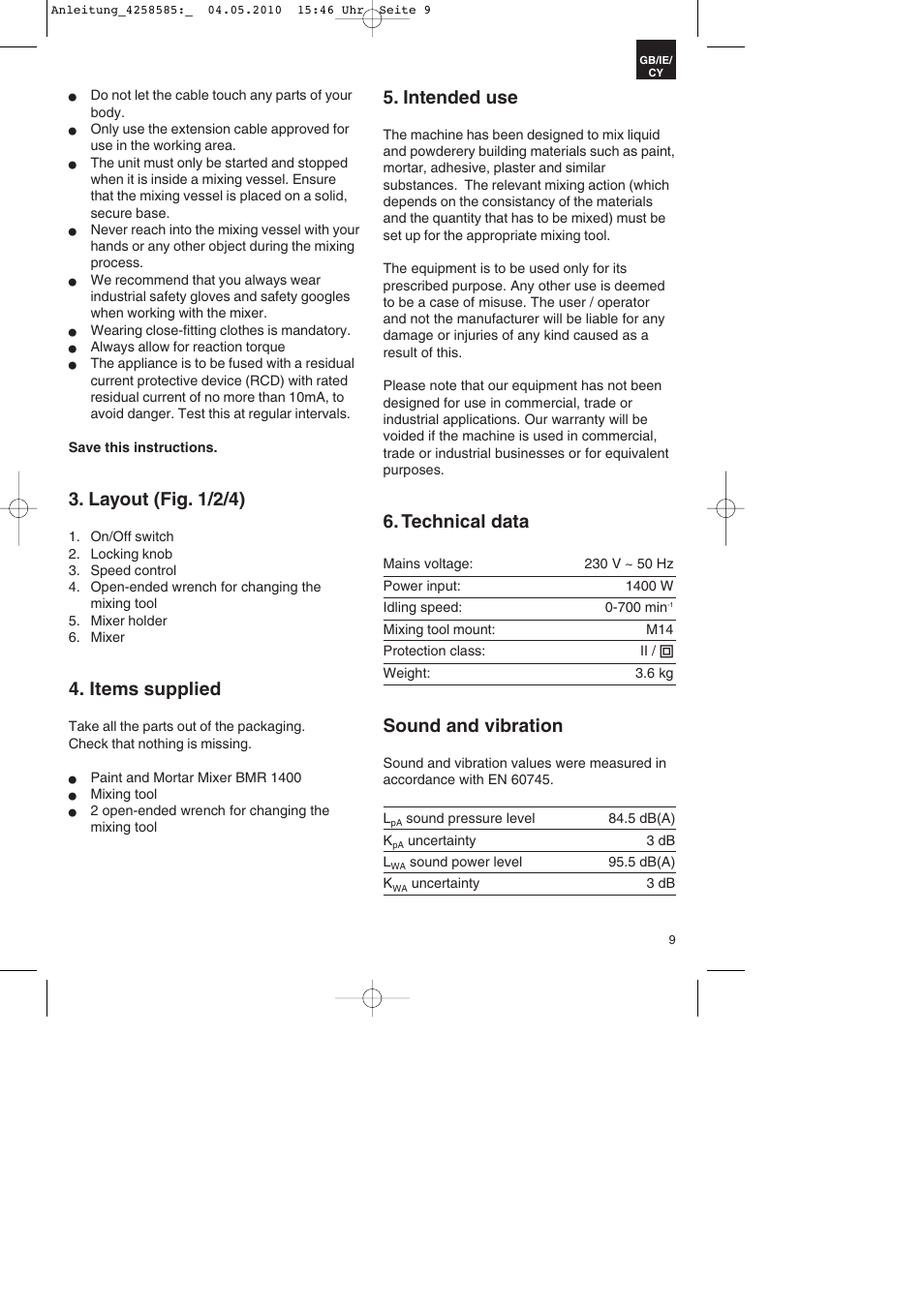 Layout (fig. 1/2/4), Items supplied, Intended use | Technical data, Sound and vibration | Parkside BMR 1400 User Manual | Page 9 / 16