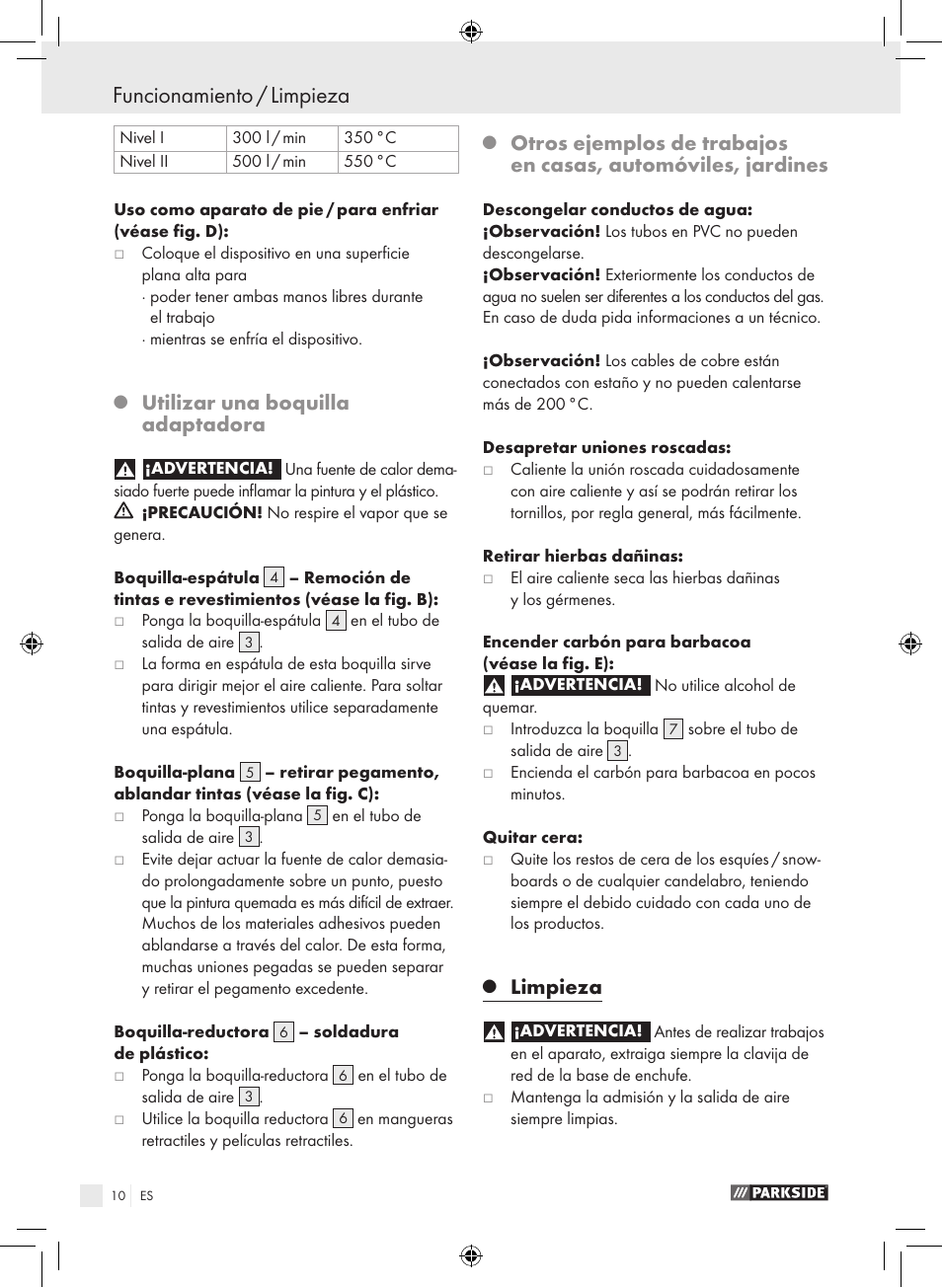 Funcionamiento / limpieza, Utilizar una boquilla adaptadora, Limpieza | Parkside PHLG 2000-2 User Manual | Page 10 / 44