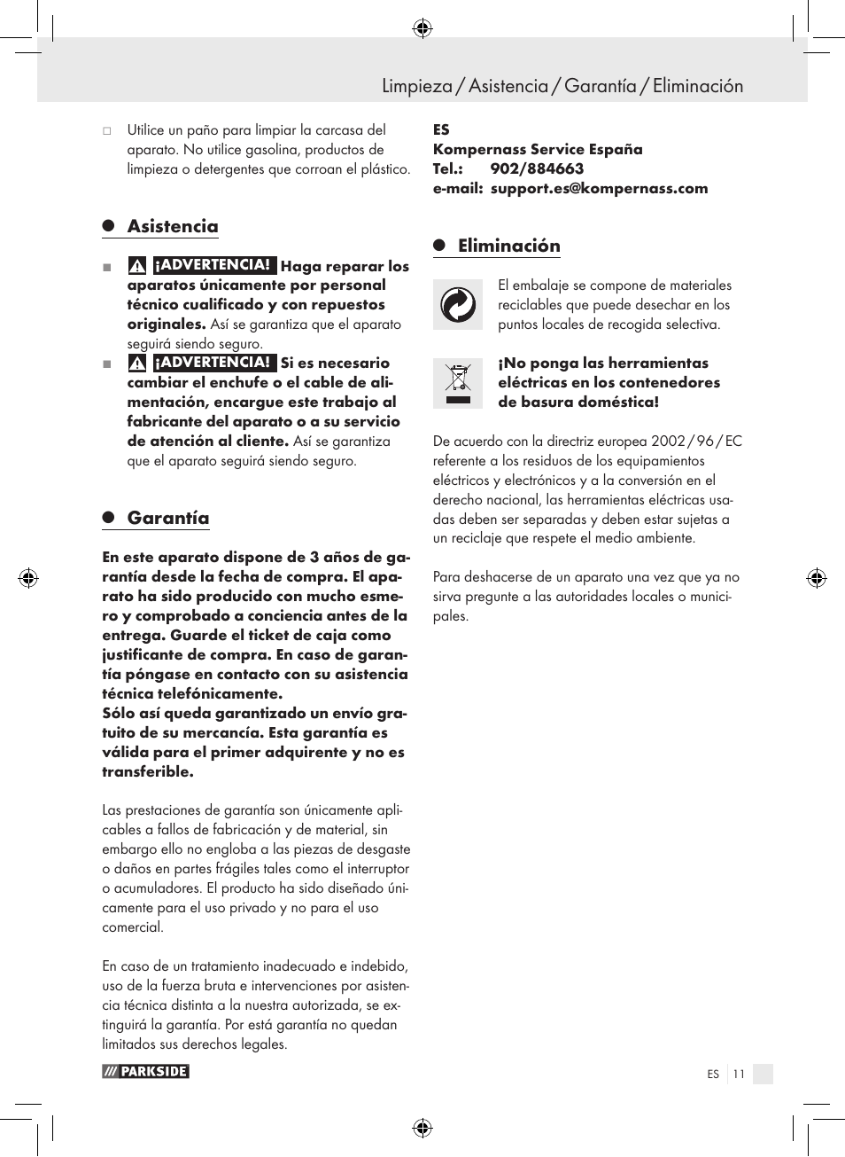 Limpieza / asistencia / garantía / eliminación, Asistencia, Garantía | Eliminación | Parkside PHLG 2000-2 User Manual | Page 11 / 44