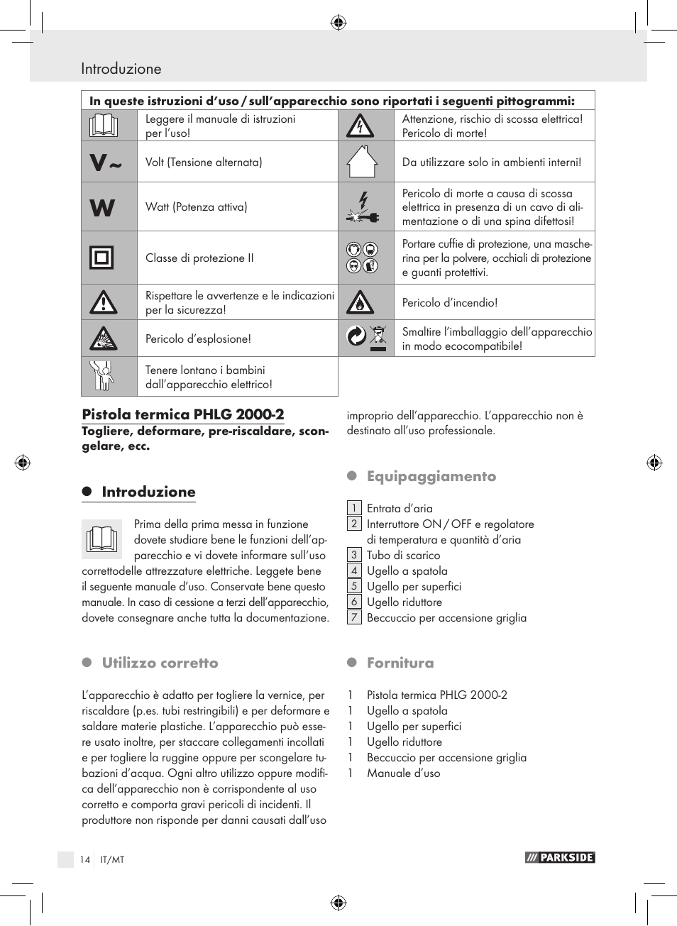 Introduzione, Utilizzo corretto, Equipaggiamento | Fornitura | Parkside PHLG 2000-2 User Manual | Page 14 / 44