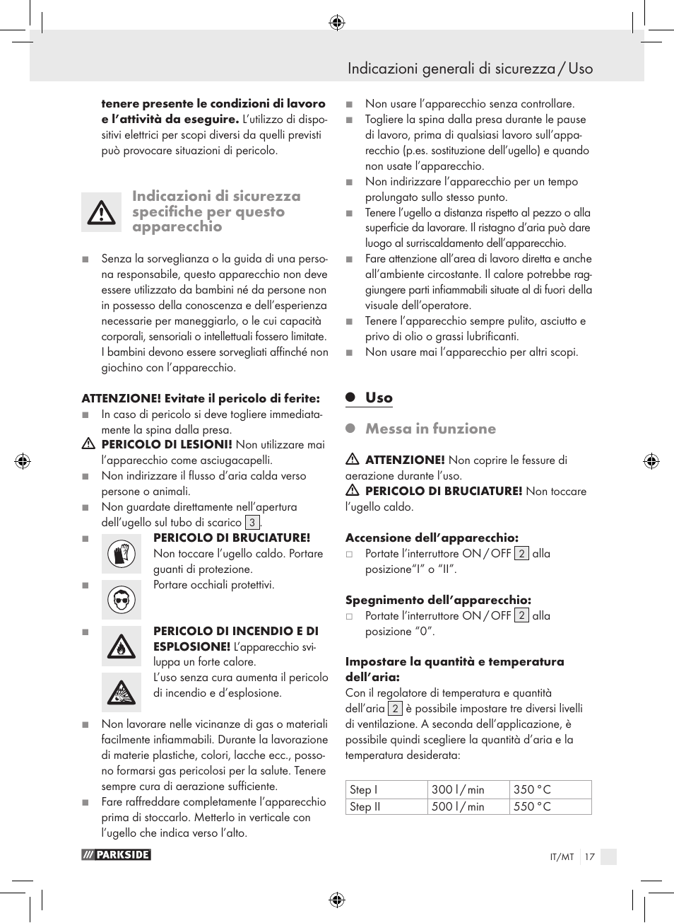 Indicazioni generali di sicurezza / uso, Messa in funzione | Parkside PHLG 2000-2 User Manual | Page 17 / 44